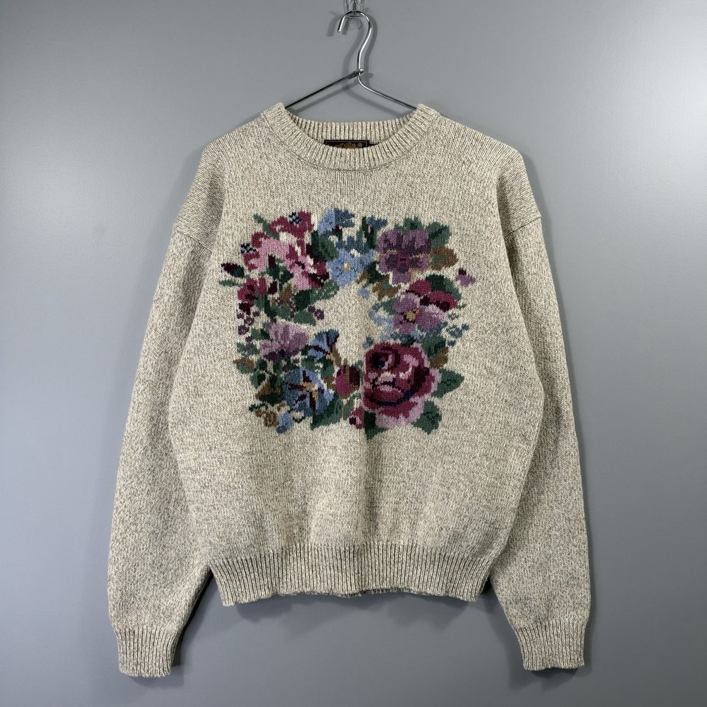 Vintage Eddie Bauer Sweater Womens Large Beige Floral Rose Knit Wool Hong Kong